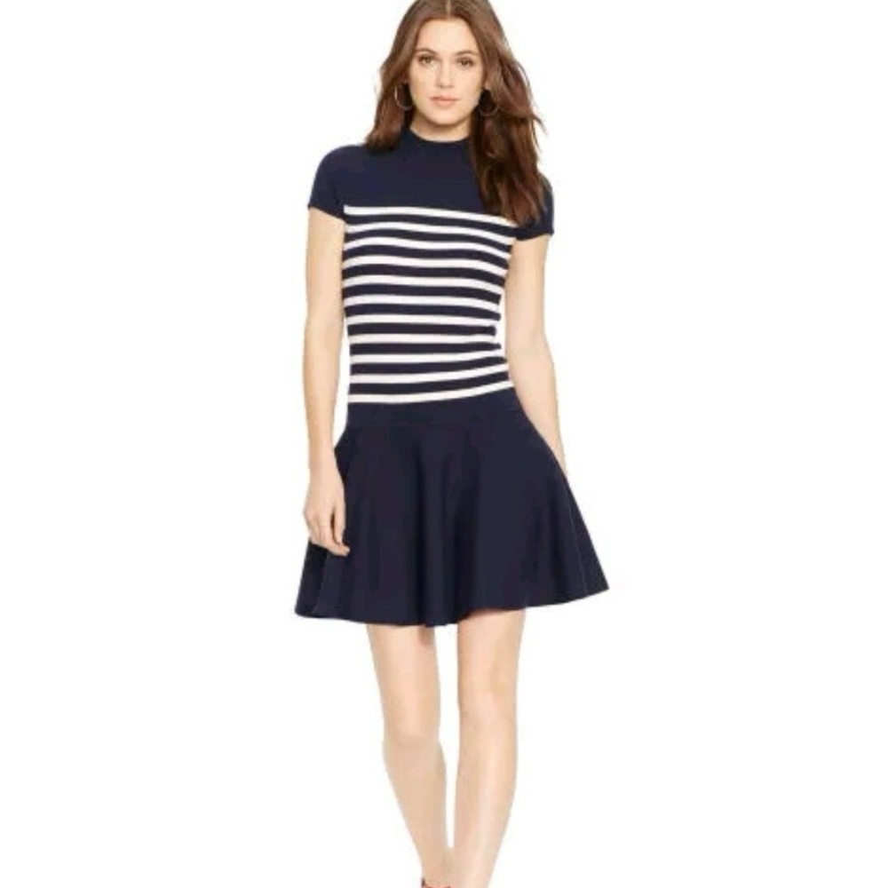 POLO Ralph Lauren Navy White Stretch  Ribbed Knit Sweater Dress